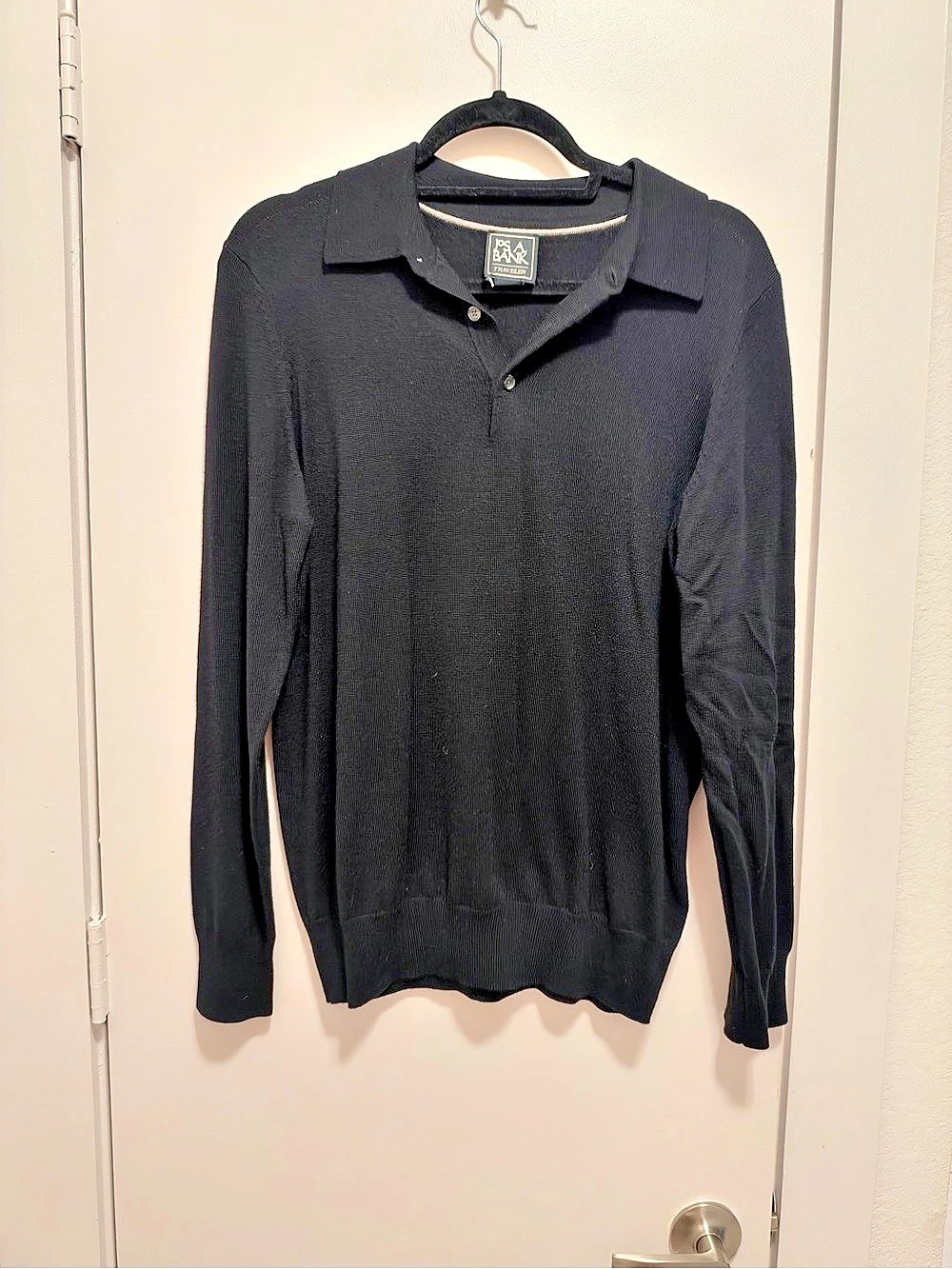 Jos A Bank Traveler Men's S Black 100% Merino Wool Long Sleeve Polo Sweater